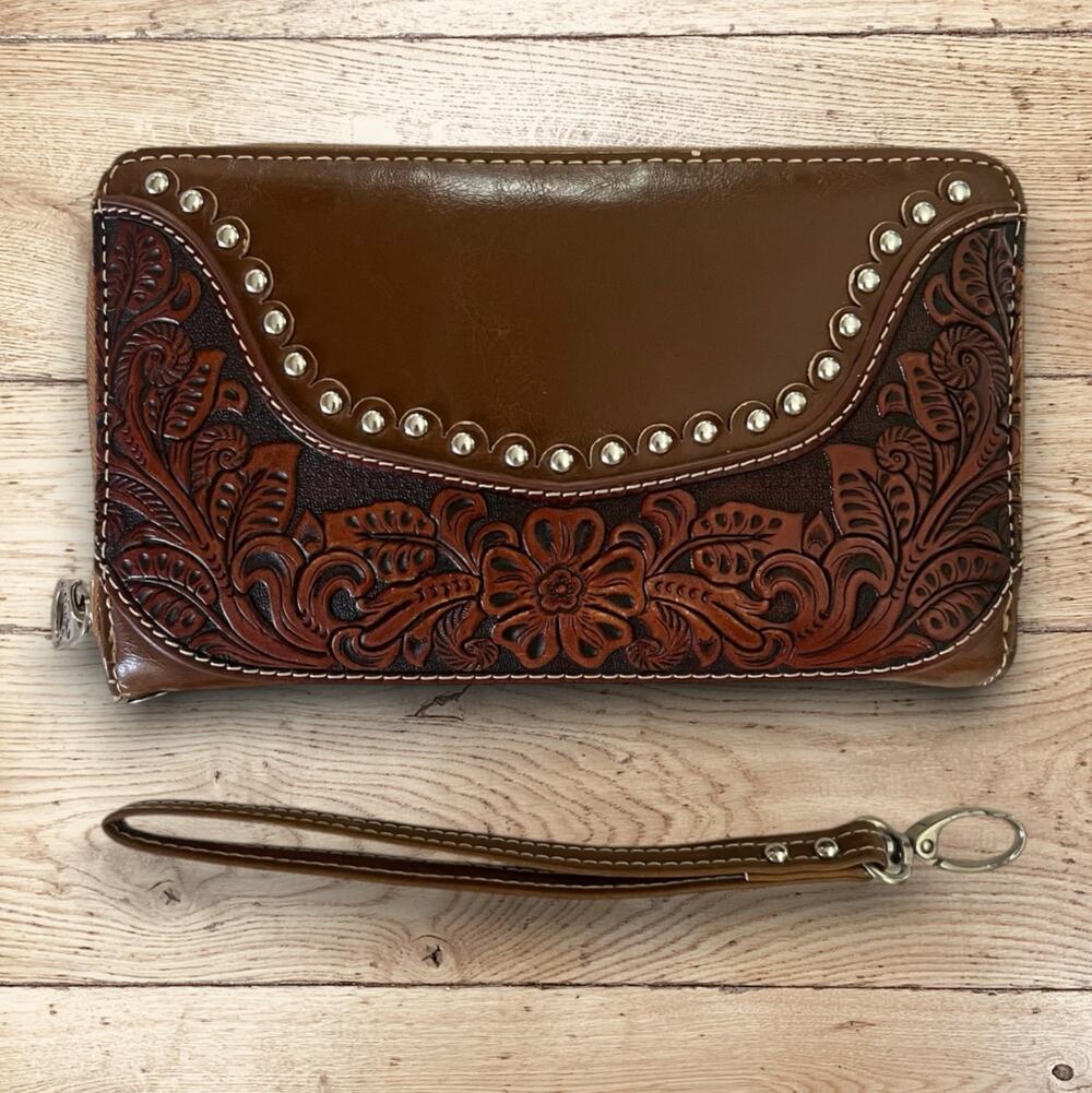 Montana West Tooled Leather Wristlet Wallet Western Studded Floral Cowgirl 7.5"
